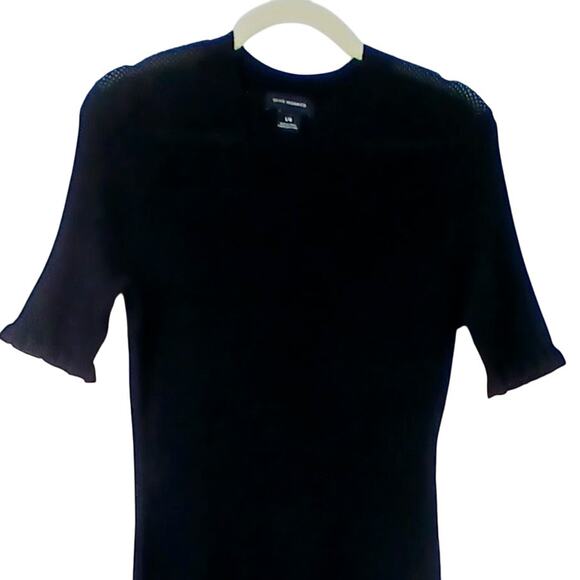 Club Monaco SZ L Mix Stitch Ribbed Crochet Ruffle Hem Midi Dress Black Knit - Picture 3 of 6